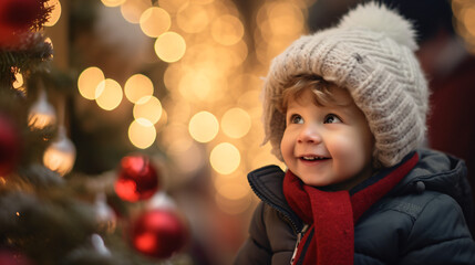A smiling baby boy child at a Christmas market looking at christmas ornaments, christmas trees and lights, candles, white christmas snow happy holidays - obrazy, fototapety, plakaty
