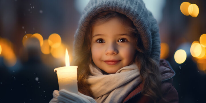 Portrait of a girl toddler child standing outside at a Christmas market and holding a candle, christmas carol and lights in the background, winter snow nativity white Christmas Holidays