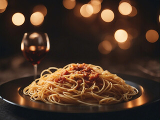 spaghetti with tomato sauce and basil on dark plate at restaurant, blurry background
