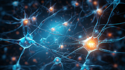 Naklejka na ściany i meble An Active Nerve Cell Neuron , Elegantly Sending Signals in a Mesmerizing Display of Neuroactivity, Synaptic Harmony, and Cellular Connectivity