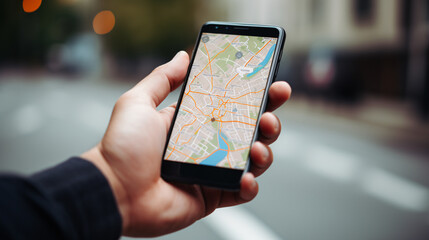 person holding a smartphone, with the navigation app and a map , a wayfinding concept