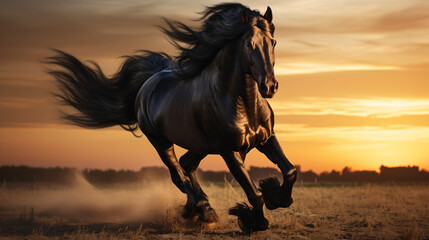 horse running in the sunset - majestic black horse running full stride in a beautiful evening, black stallion  in the desert 