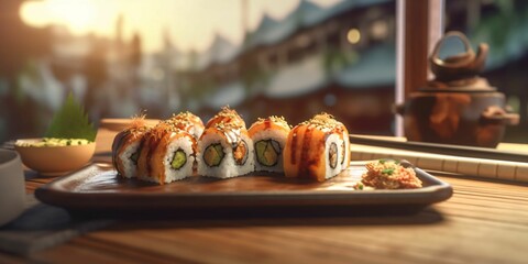 Delicious Sushi Rolls Served on a Plate