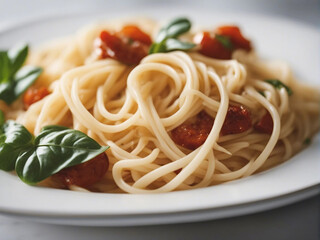 spaghetti with pesto sauce and fresh basil leaves in white shinny plate, blurry background with soft natural light
