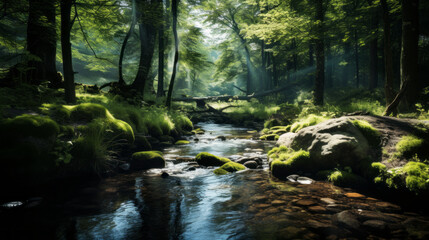 Obraz premium A clear stream winding through a forest, showcasing the beauty of pristine waterways