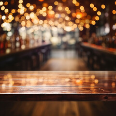 Fototapeta na wymiar Empty reflective wooden table in a pub or bar with night lights and bokeh - presentation mockup