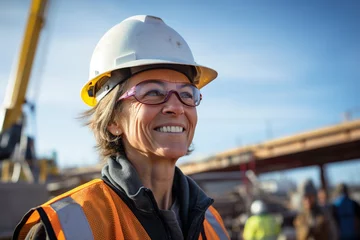 Foto op Canvas portrait of smiling senior female engineer on site wearing hard hat, high vis vest, and ppe © Ricky
