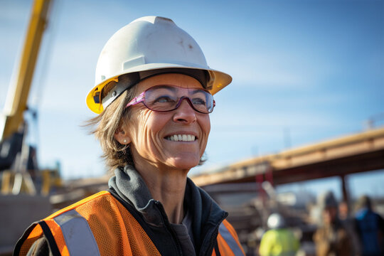 portrait of smiling senior female engineer on site wearing hard hat, high vis vest, and ppe