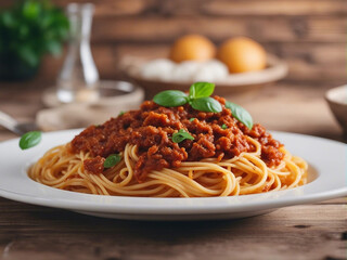 spaghetti with pesto sauce and fresh basil leaves in white shinny plate, blurry background with soft natural light
