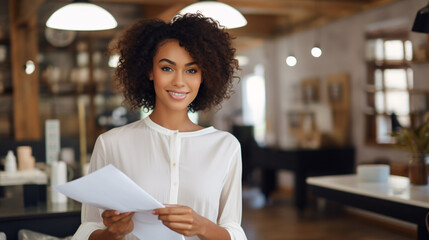 Smiling african american girl holding a blank white piece of paper inside a cafe. 