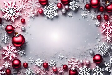 Cherry pink Christmas frame of snow and silver snowflakes. Winter holidays greeting card with copy space. New Year.