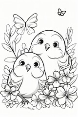 Coloring book of cute bird with flowers. Black and white pattern coloring page for kids