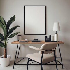 office interior with desk, interior of a room with mockup frame 