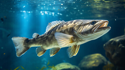 Close-up shot of a zander fish underwater - Sander lucioperca - wild pike perch fish breeding under the surface of the water - obrazy, fototapety, plakaty
