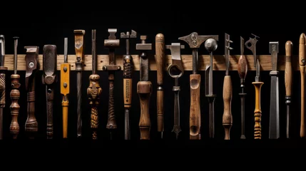 Fotobehang A close-up of a row of well-worn woodworking tools, showcasing their functional beauty © Textures & Patterns