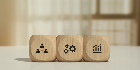 Conceptual business illustration with wooden cubes and icons business growth strategy and target