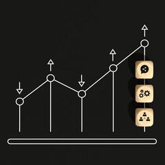 Business growth concept with wooden cubes and icons on dark background