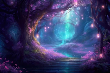 Cercles muraux Forêt des fées Fantasy and fairytale magical forest with purple and cyan light lighting pathway. Digital painting landscape, Generative AI 