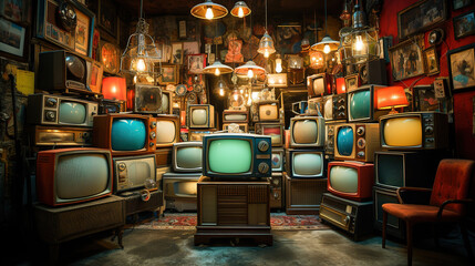 Vintage Television Shop with Old Televisions - obrazy, fototapety, plakaty