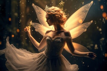 Dancing fairy in an enchanted magical forest. Digital artwork, Generative AI
