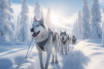 Husky dog pack running in a snowy forest - obrazy, fototapety, plakaty
