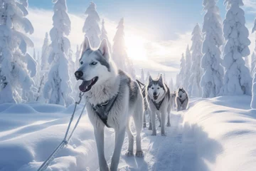 Fotobehang Husky dog pack running in a snowy forest © Juha Saastamoinen