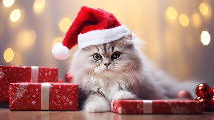 Cute kitty with Santa hat and christmass gifts at the bokeh background banner, copy space - obrazy, fototapety, plakaty