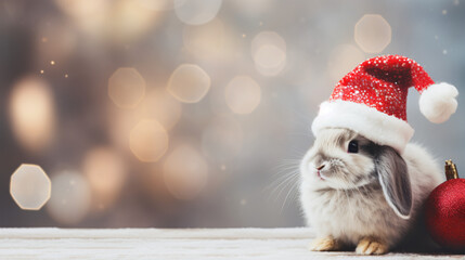 Cute rabbit with Santa hat and christmass gifts at the bokeh background banner, copy space
