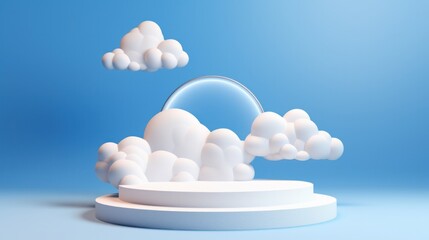 Product presentation mockup with a blue gradient podium and a white pixelated cloud background. Each element has a clipping path. 3D rendering illustration