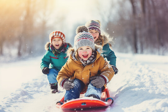 Children tobogganing downhill and having fun