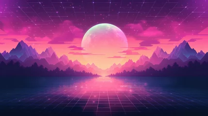 Raamstickers Sunrise or sunset in pixel art 8-bit style, retro wave sci-fi background. © Chingiz