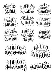 Winter seasonal inspirational calligraphy set. Season life style inspiration quotes lettering. Motivational typography. Calligraphy graphic design element. Winter vector sign set.