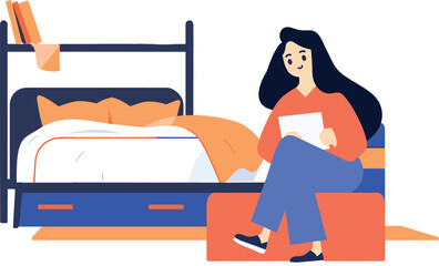 Hand Drawn A female character is reading a book in the bedroom in flat style