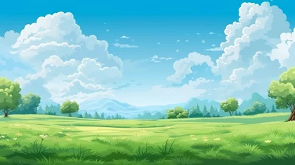 Rolgordijnen Pixel art landscape with a blue sky, white clouds, and green grass on the ground. This vector illustration is designed for a game interface in 2D style and depicts an environmental scene © Chingiz