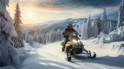 Fotobehang Snowmobiling. Adventurous rides through snowy terrain © olegganko