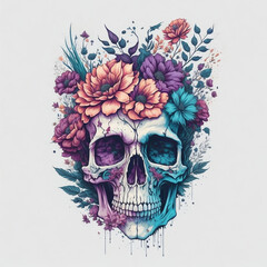 Watercolor human skull image with floral vector art. AI generate