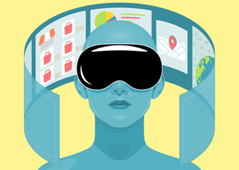 Human face in augmented or virtual reality glasses. Metaverse digital virtual reality technology, Vector illustration 