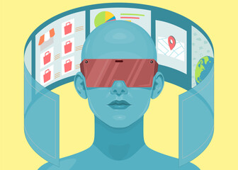 Human face in augmented or virtual reality glasses. Metaverse digital virtual reality technology, Vector illustration 