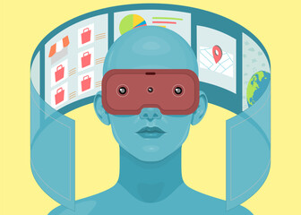 Human face in augmented or virtual reality glasses. Metaverse digital virtual reality technology, Vector illustration 