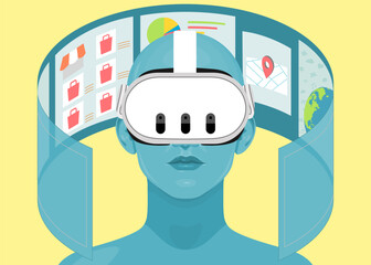 Human face in augmented or virtual reality glasses. Metaverse digital virtual reality technology, Vector illustration 