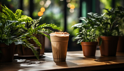 Fototapeta na wymiar Coffee in plastic cup on wooden table in coffee shop.