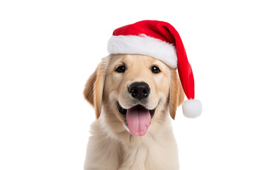 Cute dog wearing Christmas Santa Claus hat on a white background studio shot isolated PNG