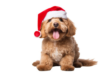 Cute dog wearing Christmas Santa Claus hat on a white background studio shot isolated PNG