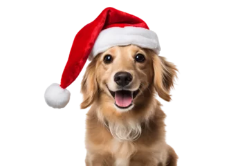 Rolgordijnen Cute dog wearing Christmas Santa Claus hat on a white background studio shot isolated PNG © JetHuynh