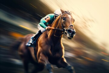 Jockey on racing horse. Champion. Hippodrome. Racetrack. Horse riding.  Derby. Speed. Blurred movement. Digital ai art, Generative AI  - obrazy, fototapety, plakaty