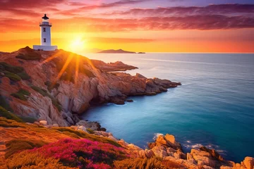  Colorful morning scene of Sardinia, Italy, Europe. Fantastic sunrise on Capo San Marco Lighthouse on Del Sinis peninsula. Picturesque seascape of Mediterranea. Digital, Generative AI  © Ashutosh