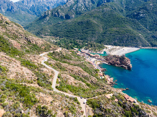 Aerial drone view of the Calanches of Piana on Corsica island, France - 654728852