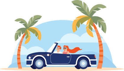 Hand Drawn Tourists drive convertibles car to the beach in flat style
