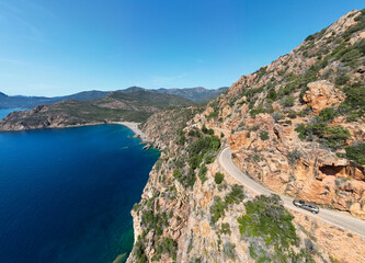 Aerial drone view of the Calanches of Piana on Corsica island, France - 654729252