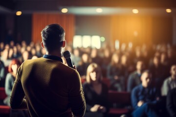 Motivational speaker with microphone performing on stage, in background people sitting in hall. Digital ai art, Generative AI  - obrazy, fototapety, plakaty